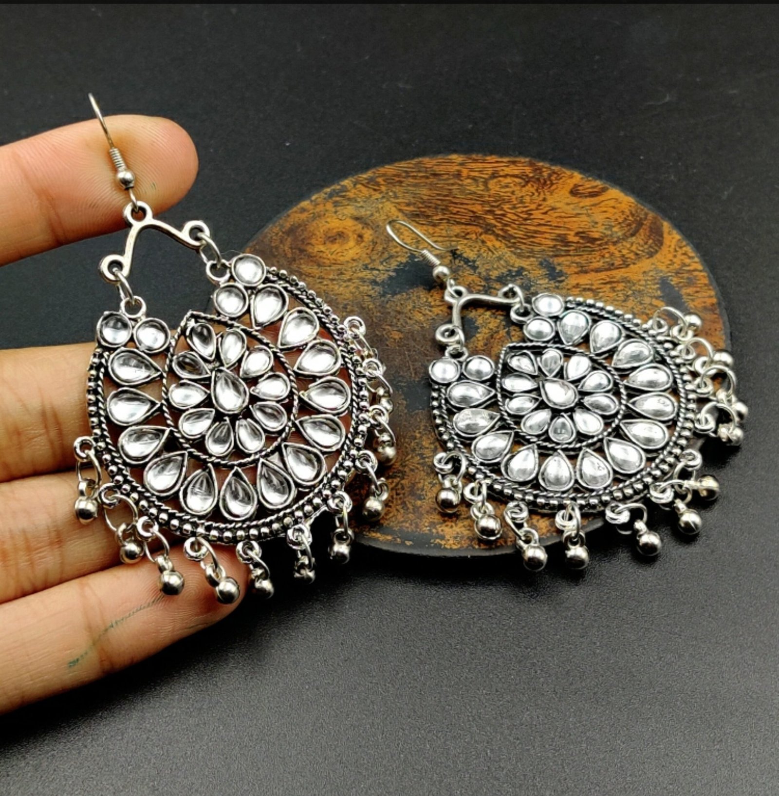 Silver Oxidised Afghani Stone Chandbali Earrings | Glam Junction